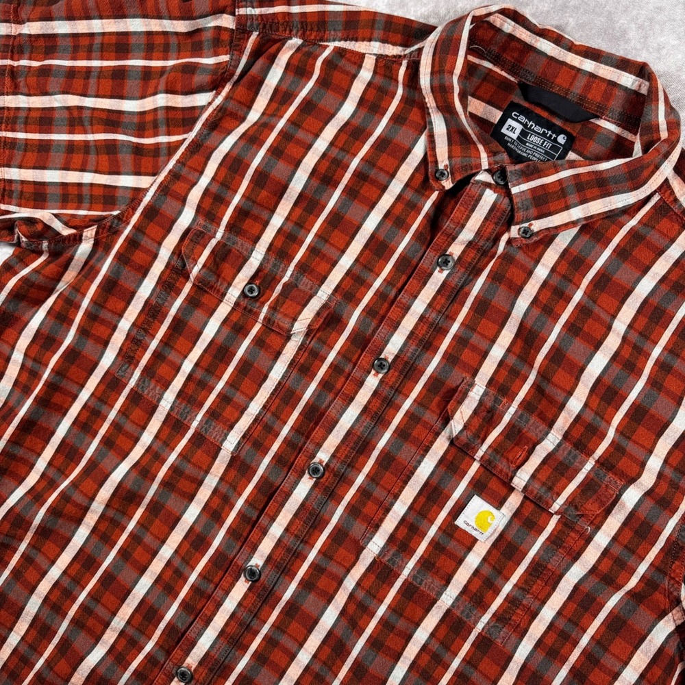 Carhartt Mens 2XL Loose Fit Plaid Short Sleeve Button Down Shirt Red TW4625-M